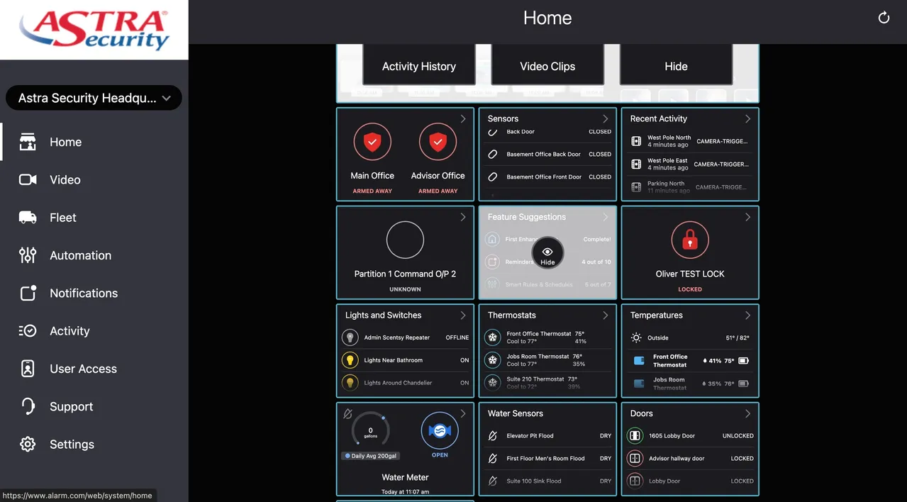 Screenshot of the Astra Security control panel for our commercial security systems in Iowa.