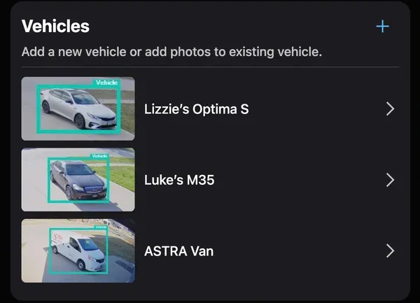 Image showing how Astra Security's home security cameras have AI assisted vehicle identification technology.