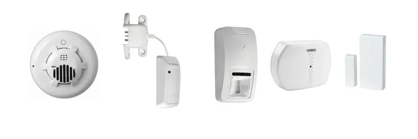 Astra security system sensors, including smoke alarm sensors, motion sensors, door sensors.